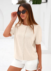 PRETTYGARDEN Puff Short Sleeve Cardigans for Women Lightweight Summer Shirts Button Up Knit Sweater Tops Spring Clothes PRETTYGARDEN