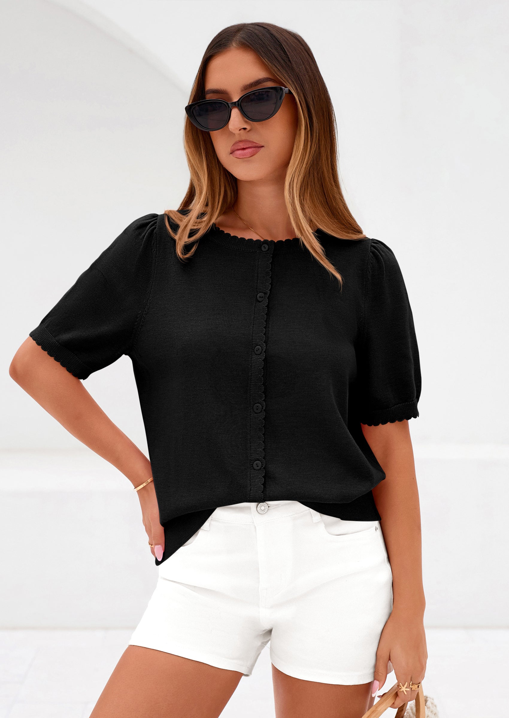 PRETTYGARDEN Puff Short Sleeve Cardigans for Women Lightweight Summer Shirts Button Up Knit Sweater Tops Spring Clothes PRETTYGARDEN