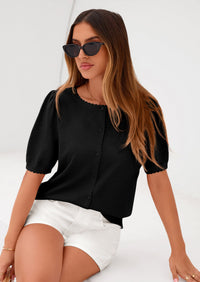 PRETTYGARDEN Puff Short Sleeve Cardigans for Women Lightweight Summer Shirts Button Up Knit Sweater Tops Spring Clothes PRETTYGARDEN