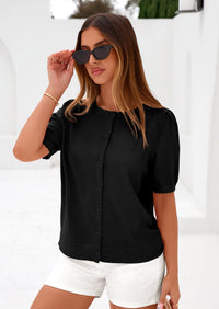 PRETTYGARDEN Puff Short Sleeve Cardigans for Women Lightweight Summer Shirts Button Up Knit Sweater Tops Spring Clothes PRETTYGARDEN