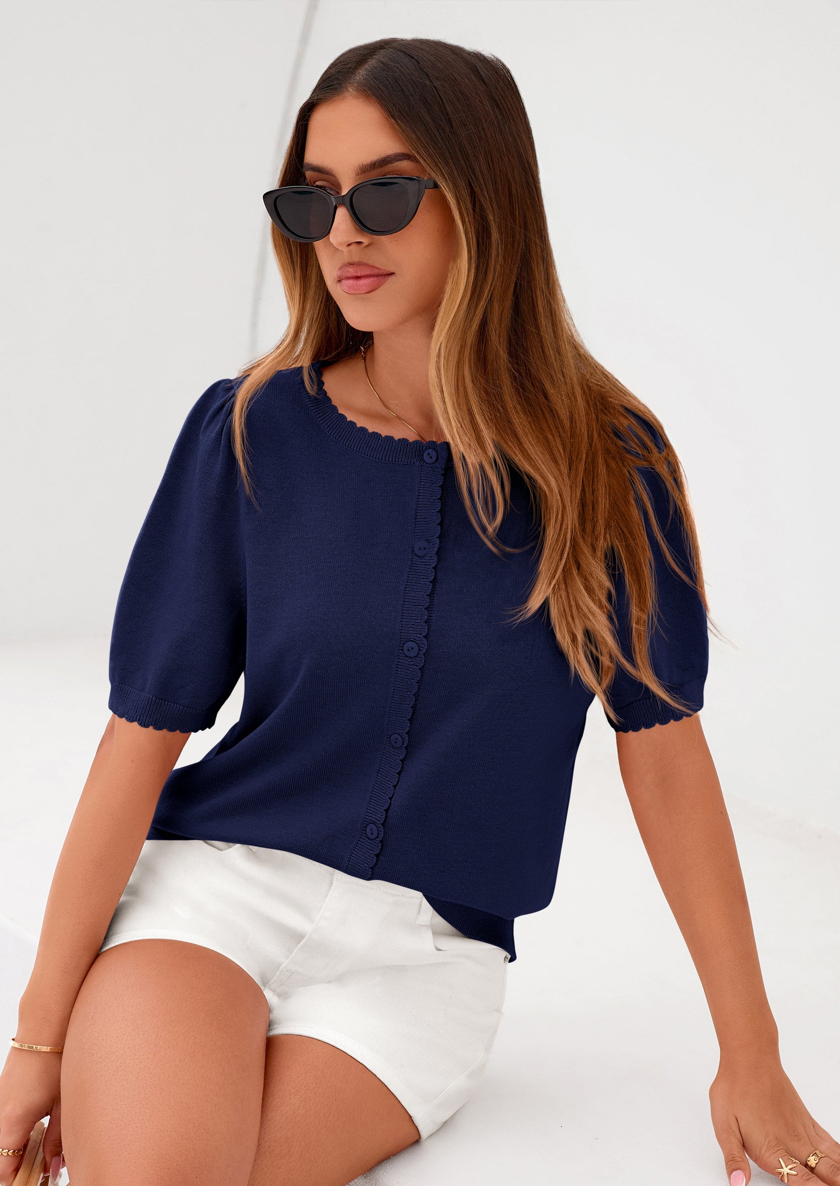 PRETTYGARDEN Puff Short Sleeve Cardigans for Women Lightweight Summer Shirts Button Up Knit Sweater Tops Spring Clothes PRETTYGARDEN