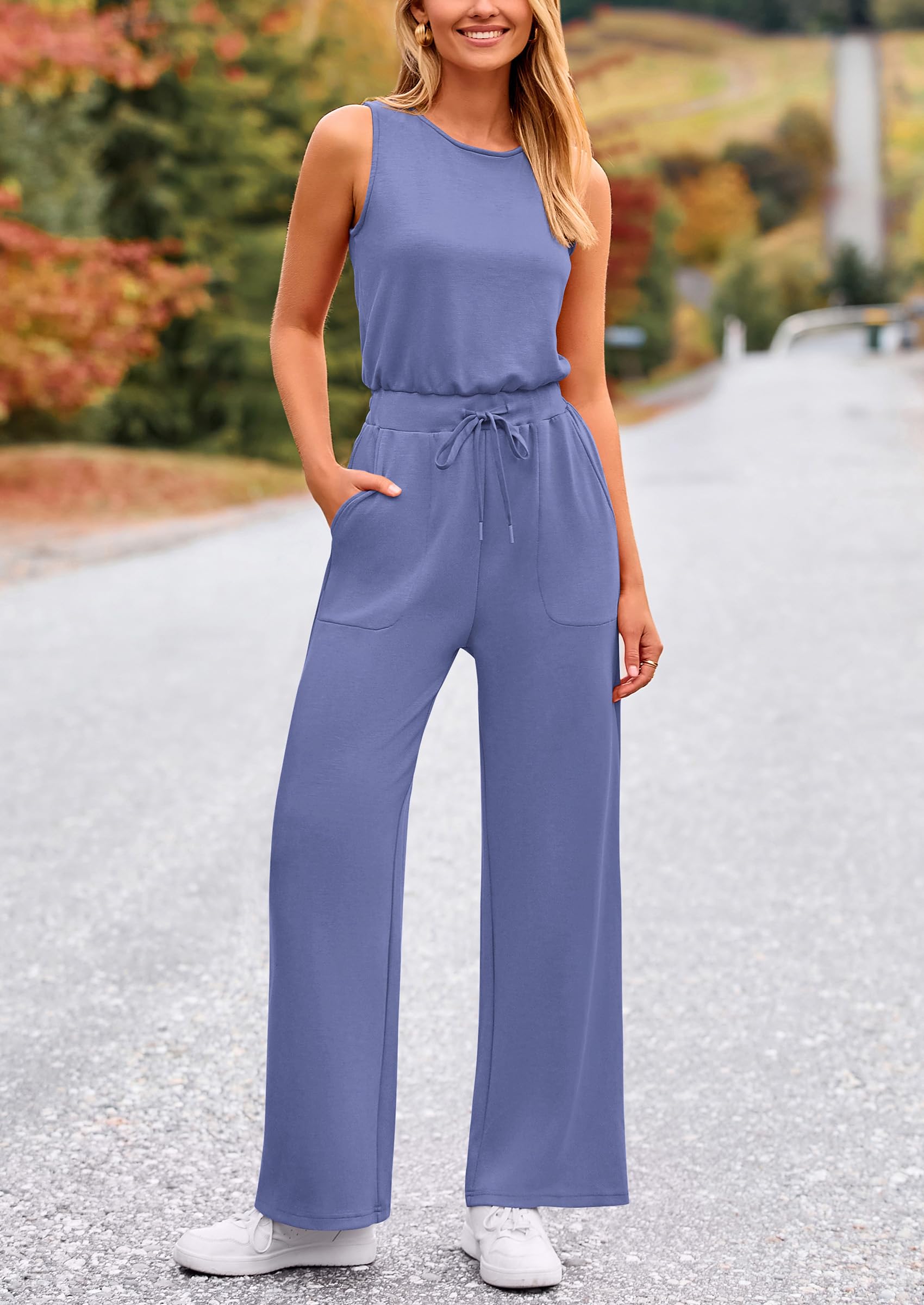 PRETTYGARDEN Womens Jumpsuits Summer Casual One Piece Outfits Sleeveless Wide Leg Long Pants Rompers