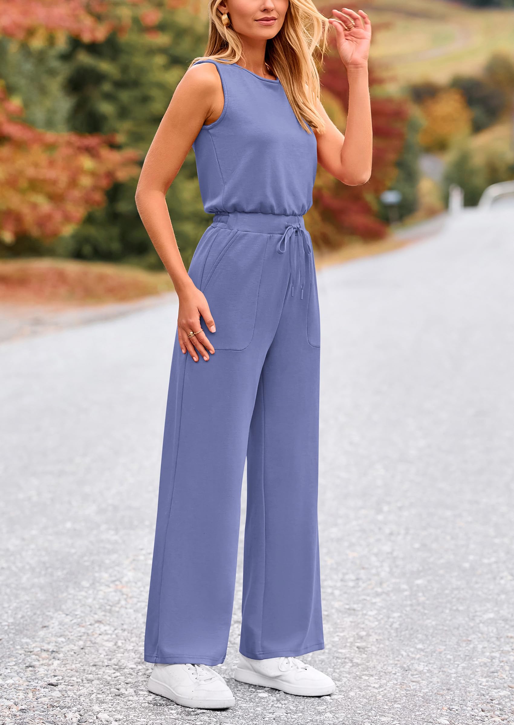 PRETTYGARDEN Womens Jumpsuits Summer Casual One Piece Outfits Sleeveless Wide Leg Long Pants Rompers