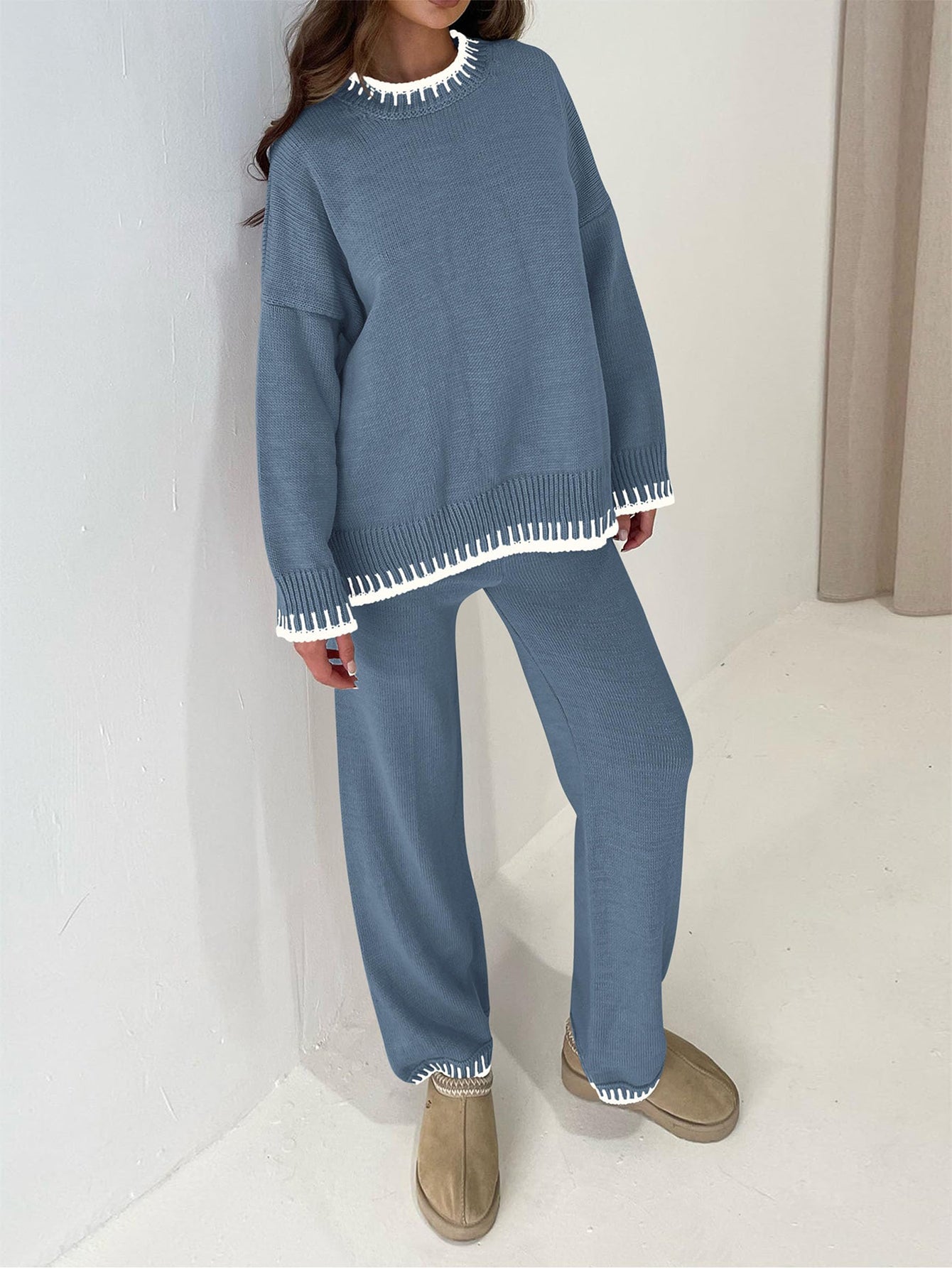 PRETTYGARDEN Women's 2 Piece Knit Sweater Outfit Casual Long Sleeve Pullover Wide Leg Pants Tracksuit Loungewear Set PRETTYGARDEN