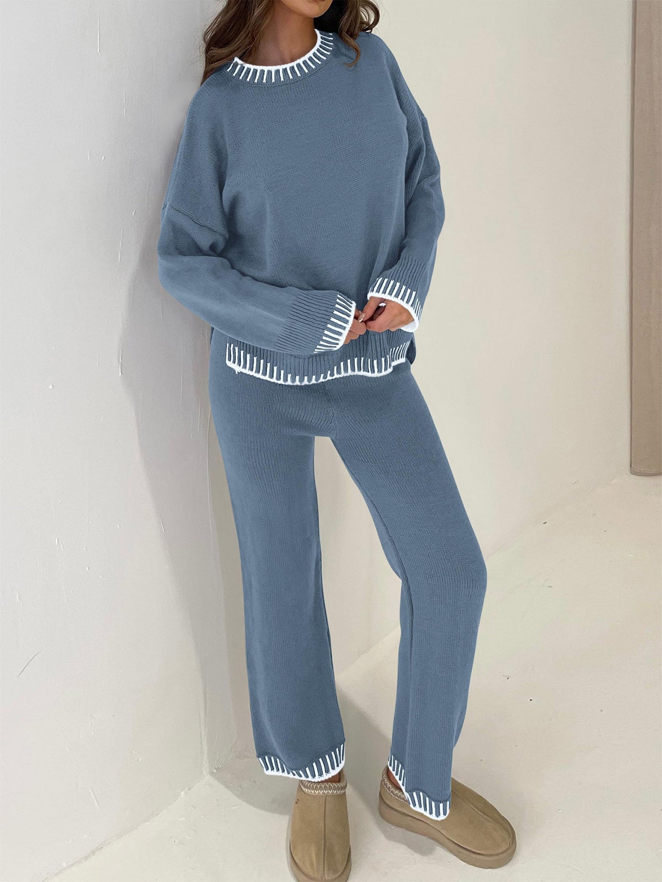 PRETTYGARDEN Women's 2 Piece Knit Sweater Outfit Casual Long Sleeve Pullover Wide Leg Pants Tracksuit Loungewear Set PRETTYGARDEN