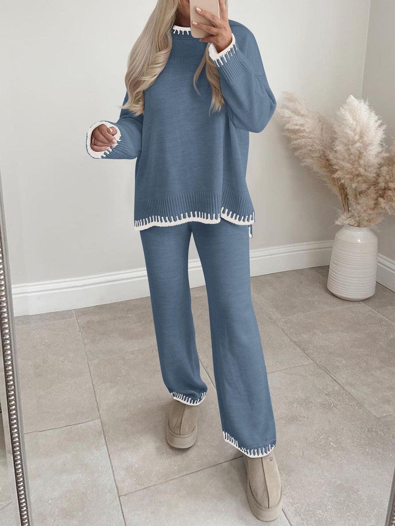 PRETTYGARDEN Women's 2 Piece Knit Sweater Outfit Casual Long Sleeve Pullover Wide Leg Pants Tracksuit Loungewear Set PRETTYGARDEN