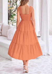 Womens Smocked Summer  Ruffle A Line Long Flowy Dresses Cute Sleeveless Beach Sundress Midi Dress