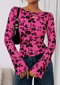 PRETTYGARDEN Women Long Sleeve Floral Mesh Tops Blouse  Fall Trendy Boat Neck Ruched Fitted Shirt Going Out Date Outfits