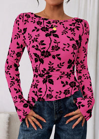 PRETTYGARDEN Women Long Sleeve Floral Mesh Tops Blouse  Fall Trendy Boat Neck Ruched Fitted Shirt Going Out Date Outfits