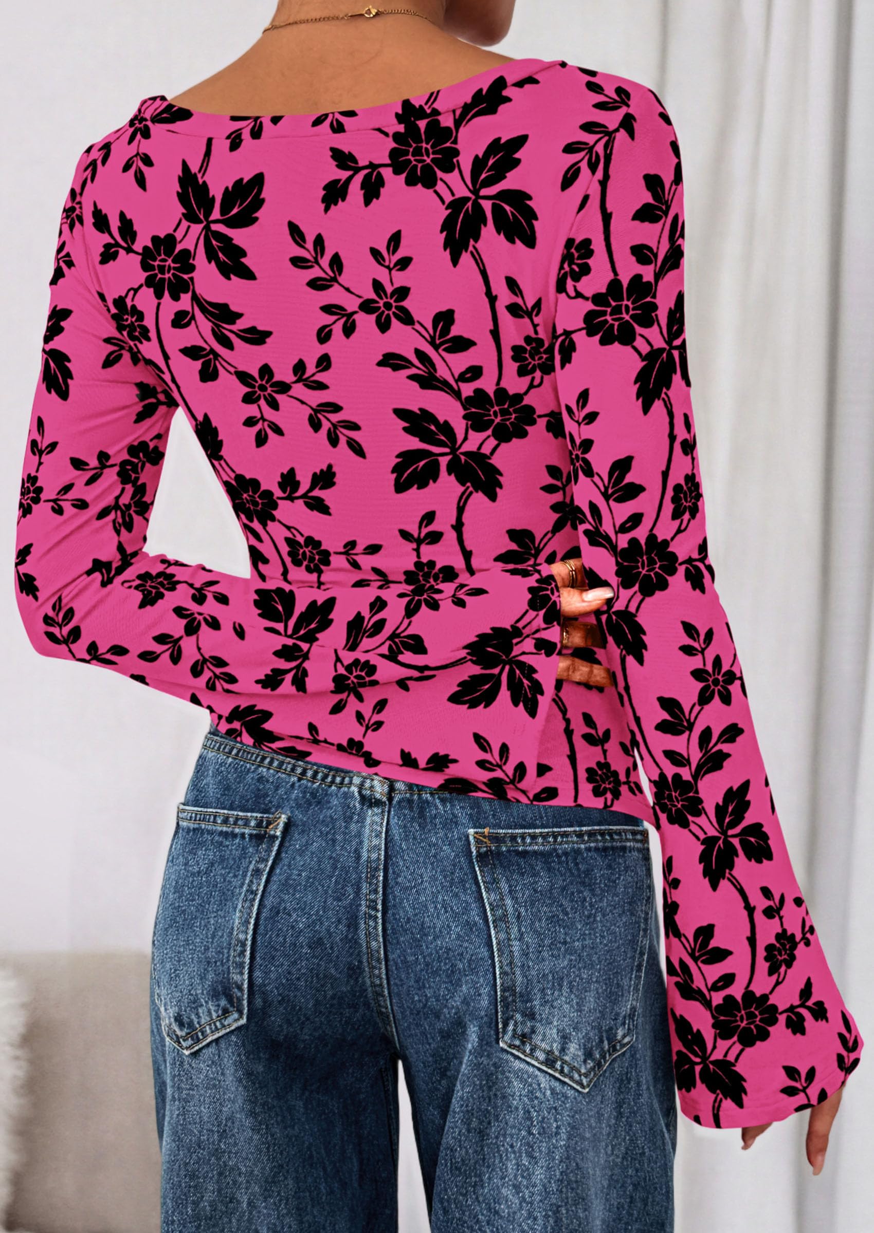 PRETTYGARDEN Women Long Sleeve Floral Mesh Tops Blouse  Fall Trendy Boat Neck Ruched Fitted Shirt Going Out Date Outfits