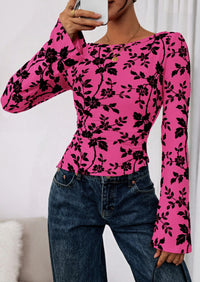 PRETTYGARDEN Women Long Sleeve Floral Mesh Tops Blouse  Fall Trendy Boat Neck Ruched Fitted Shirt Going Out Date Outfits