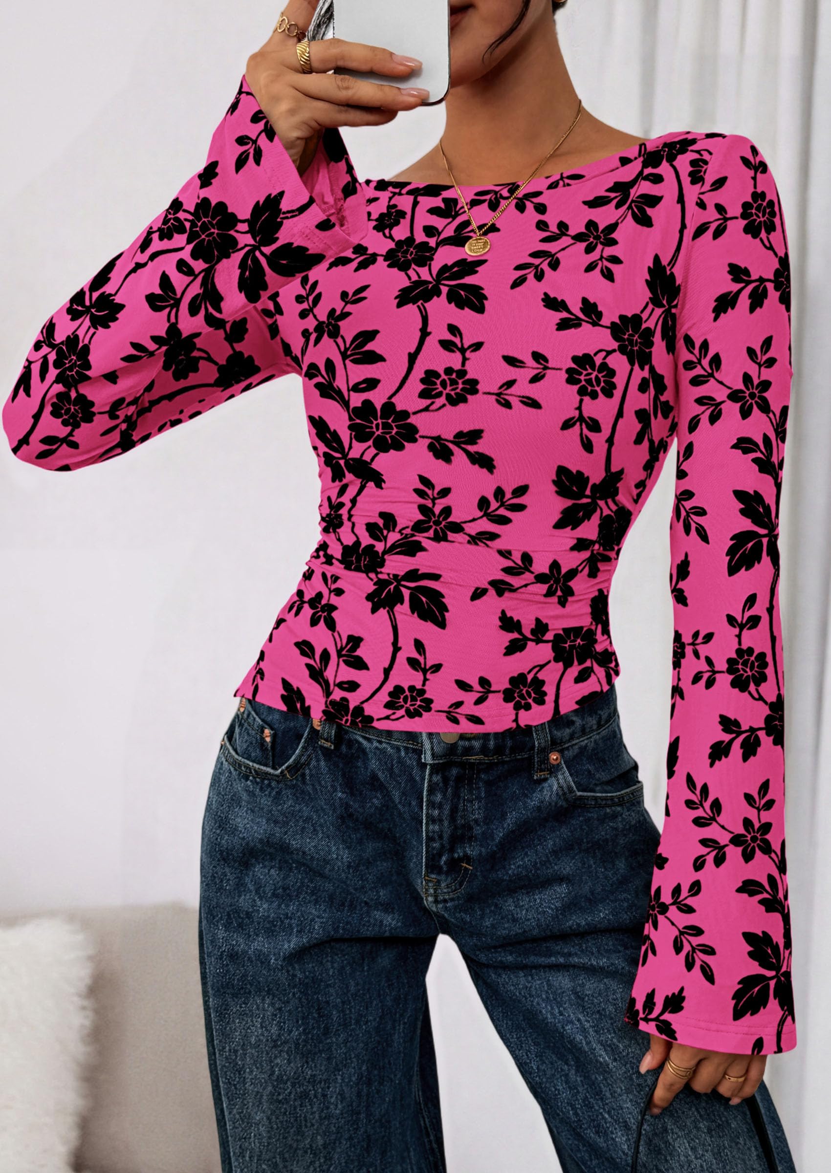 PRETTYGARDEN Women Long Sleeve Floral Mesh Tops Blouse  Fall Trendy Boat Neck Ruched Fitted Shirt Going Out Date Outfits