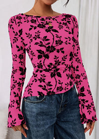 PRETTYGARDEN Women Long Sleeve Floral Mesh Tops Blouse  Fall Trendy Boat Neck Ruched Fitted Shirt Going Out Date Outfits