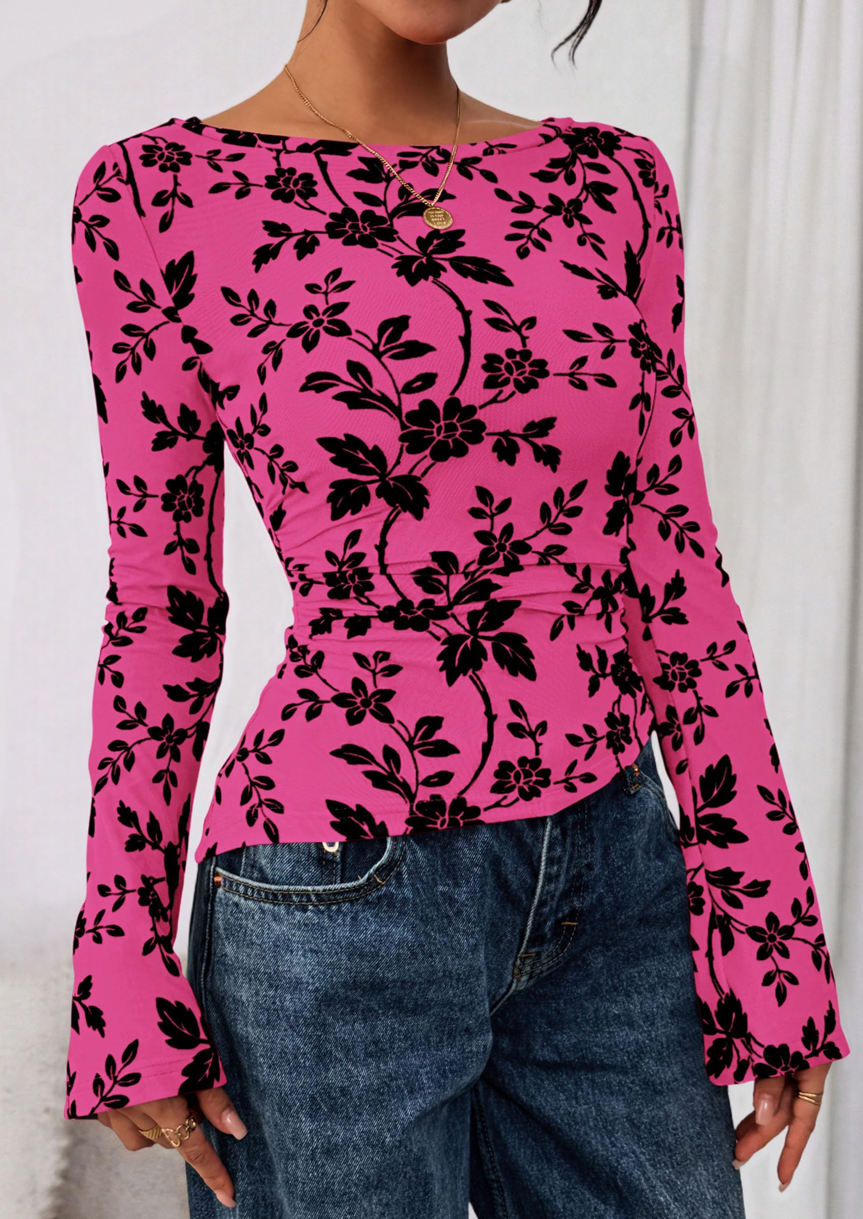 PRETTYGARDEN Women Long Sleeve Floral Mesh Tops Blouse  Fall Trendy Boat Neck Ruched Fitted Shirt Going Out Date Outfits