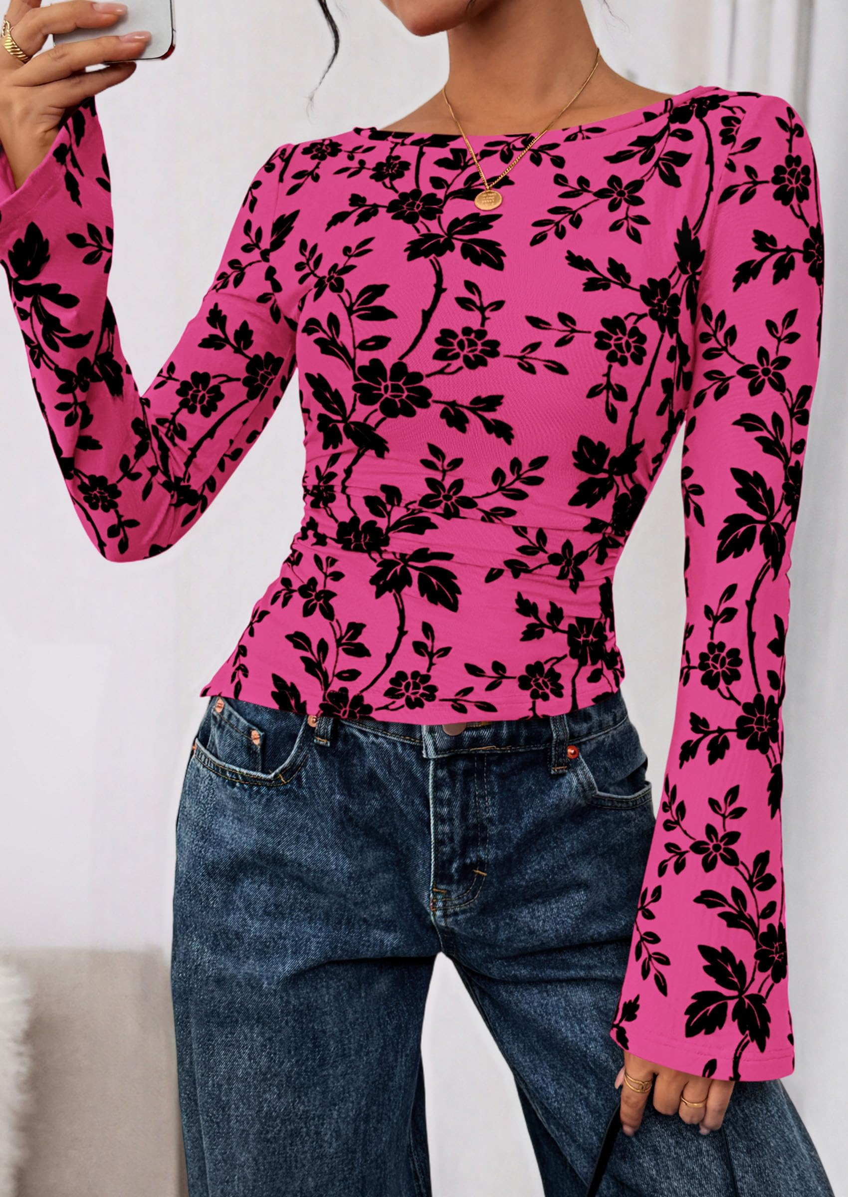 PRETTYGARDEN Women Long Sleeve Floral Mesh Tops Blouse  Fall Trendy Boat Neck Ruched Fitted Shirt Going Out Date Outfits