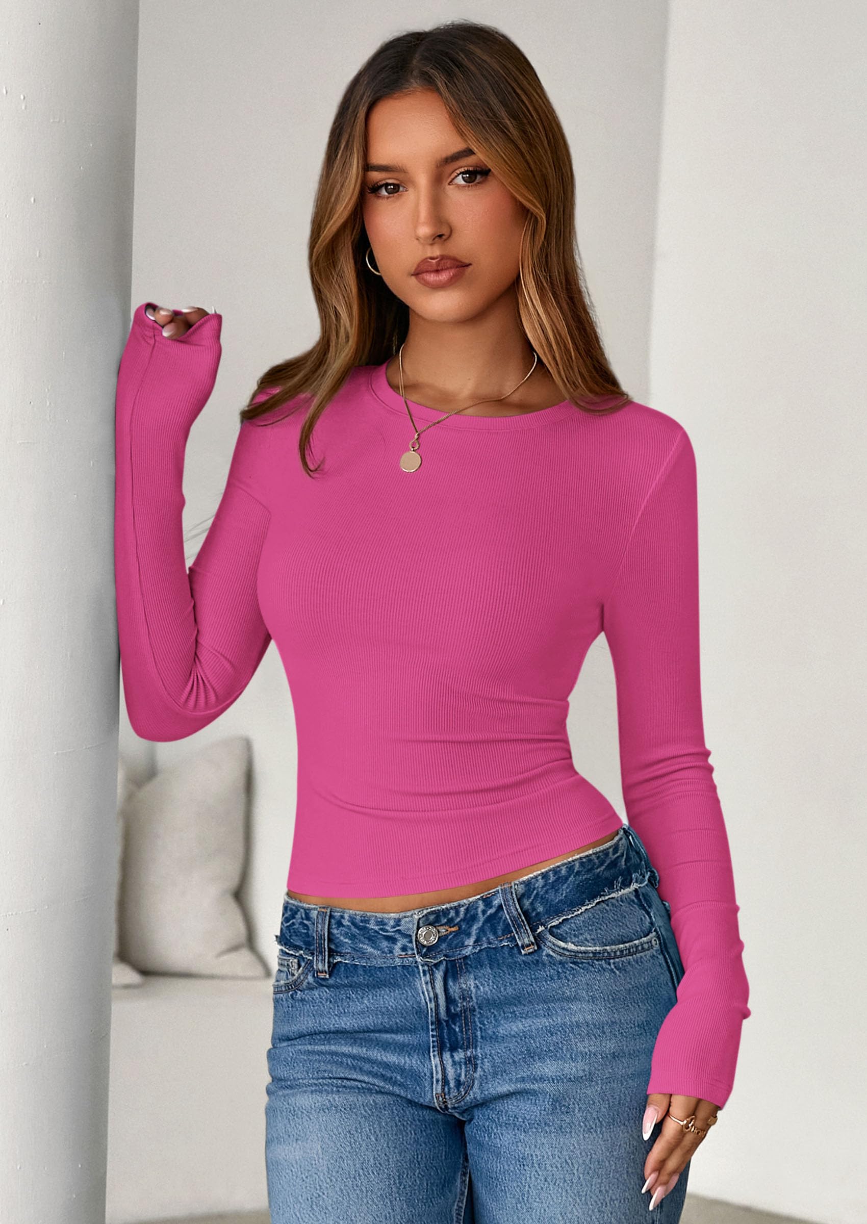 PRETTYGARDEN Womens Summer Fall Long Sleeve Shirts Ribbed Knit Fitted Basic Tee Going Out Tops Underscrub Casual Outfits