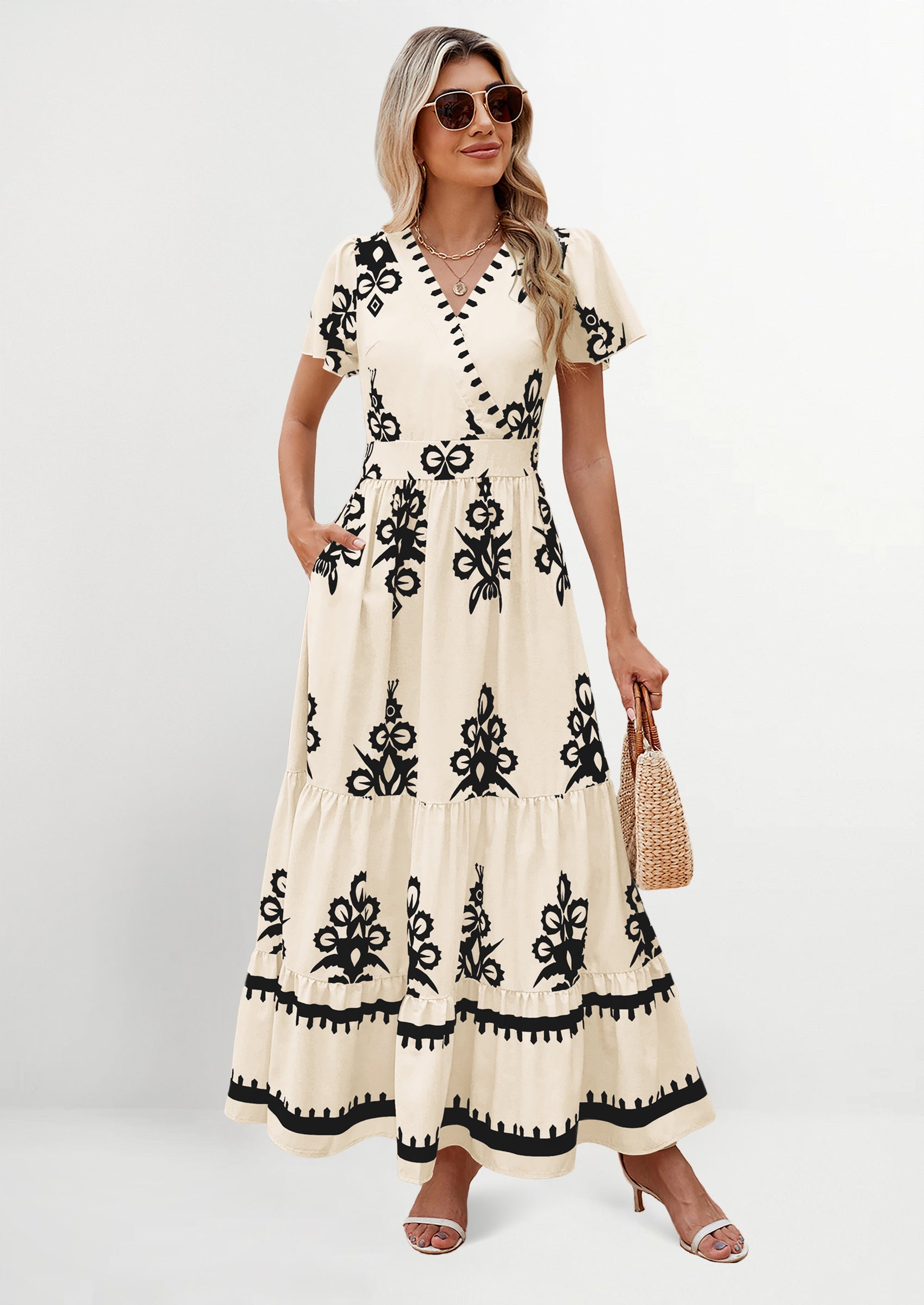 PRETTYGARDEN Womens Casual V Neck Boho Maxi Dress Flowy Aline Bell Sle PRETTYGARDEN Womens Casual V Neck Boho Maxi Dress Flowy Aline Bell Sle