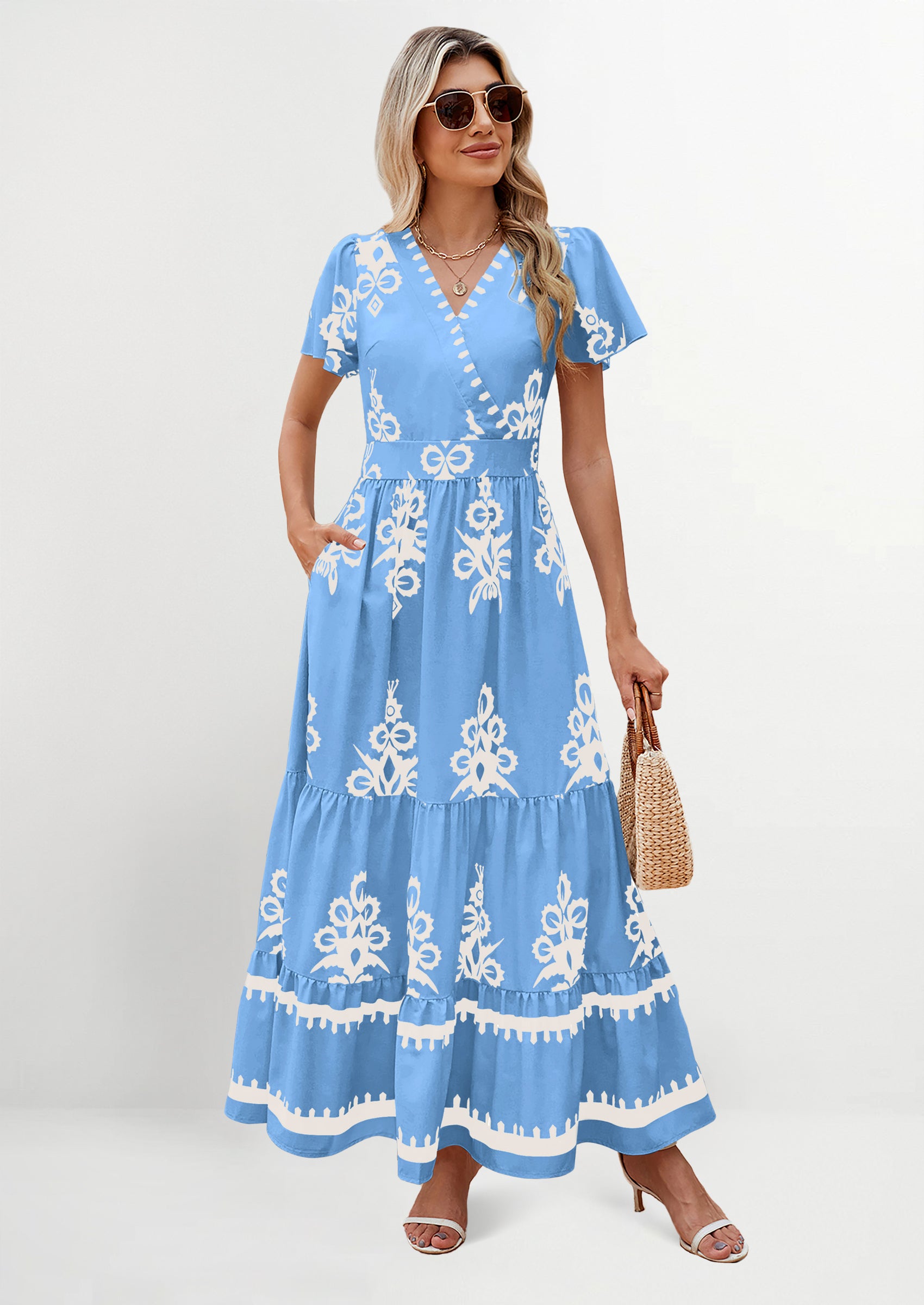 PRETTYGARDEN Womens Casual V Neck Boho Maxi Dress Flowy Aline Bell Sleeve Tiered Floral Dresses with Pocket