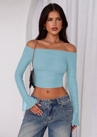 PRETTYGARDEN Off The Shoulder Tops for Women Trendy Ruched Mesh Slim Fit Long Sleeve Shirts Y2K Going Out Summer Outfits