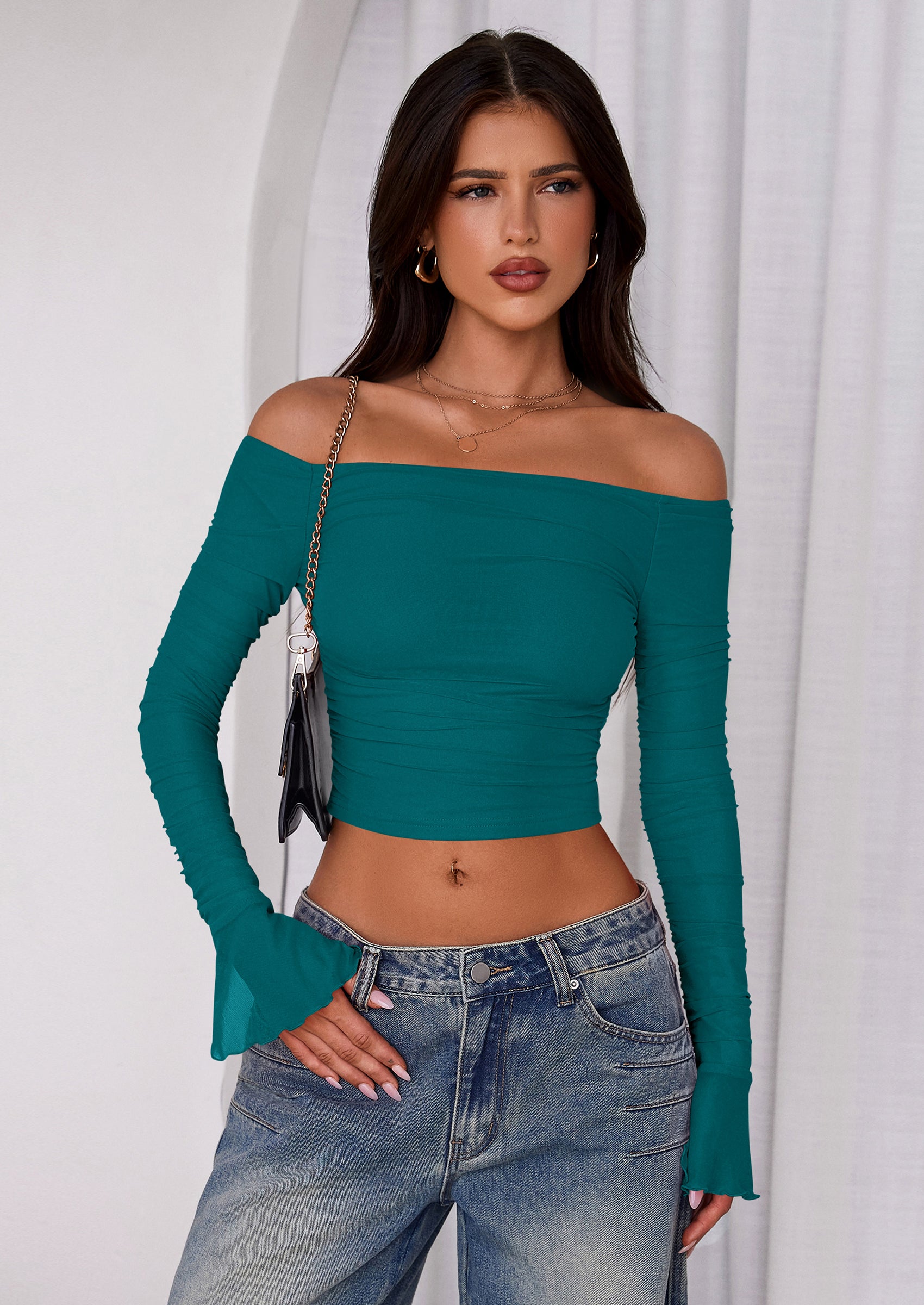 PRETTYGARDEN Off The Shoulder Tops for Women Trendy Ruched Mesh Slim Fit Long Sleeve Shirts Y2K Going Out Summer Outfits