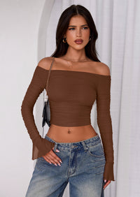 PRETTYGARDEN Off The Shoulder Tops for Women Trendy Ruched Mesh Slim Fit Long Sleeve Shirts Y2K Going Out Summer Outfits
