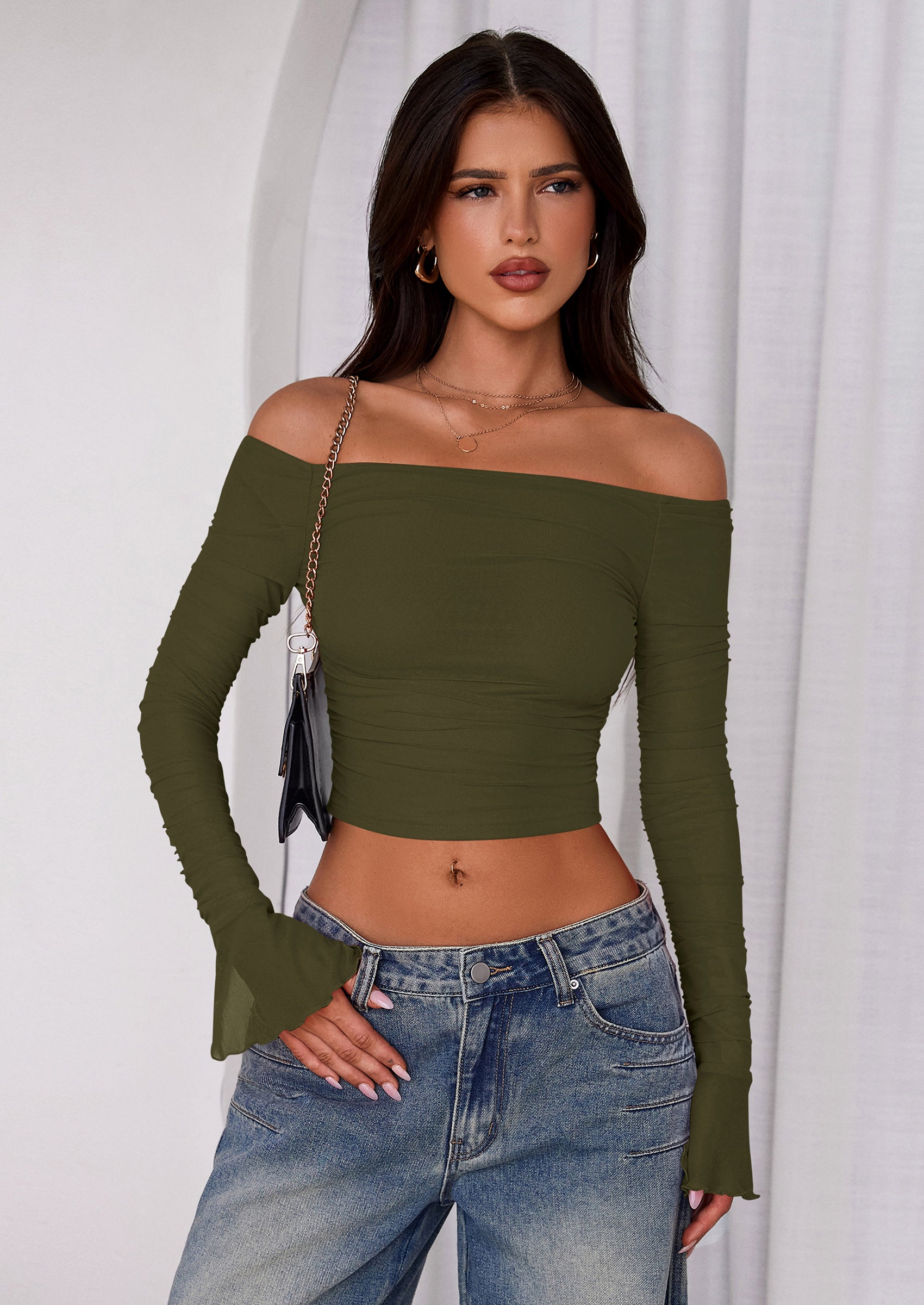 PRETTYGARDEN Off The Shoulder Tops for Women Trendy Ruched Mesh Slim Fit Long Sleeve Shirts Y2K Going Out Summer Outfits