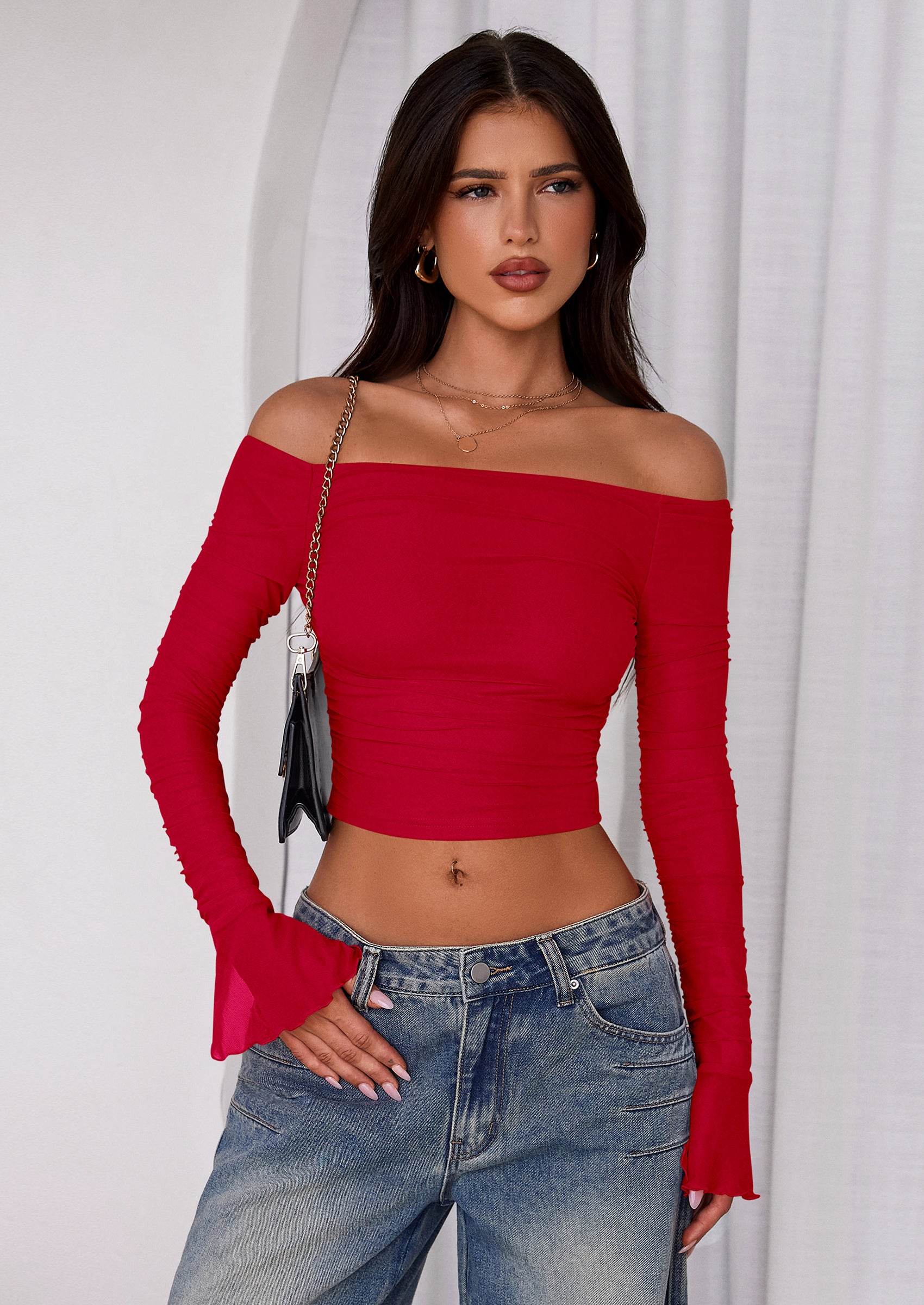PRETTYGARDEN Off The Shoulder Tops for Women Trendy Ruched Mesh Slim Fit Long Sleeve Shirts Y2K Going Out Summer Outfits