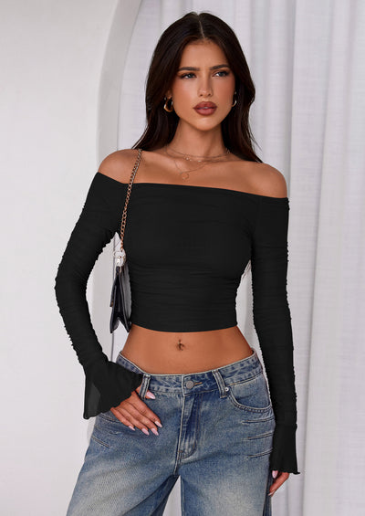 PRETTYGARDEN Off The Shoulder Tops for Women Trendy Ruched Mesh Slim Fit Long Sleeve Shirts Y2K Going Out Summer Outfits