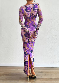 PRETTYGARDEN Bodycon Maxi Dress Fall Floral Long Sleeve Sexy Mesh Cocktail Wedding Guest Long Dresses