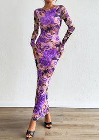 PRETTYGARDEN Bodycon Maxi Dress Fall Floral Long Sleeve Sexy Mesh Cocktail Wedding Guest Long Dresses