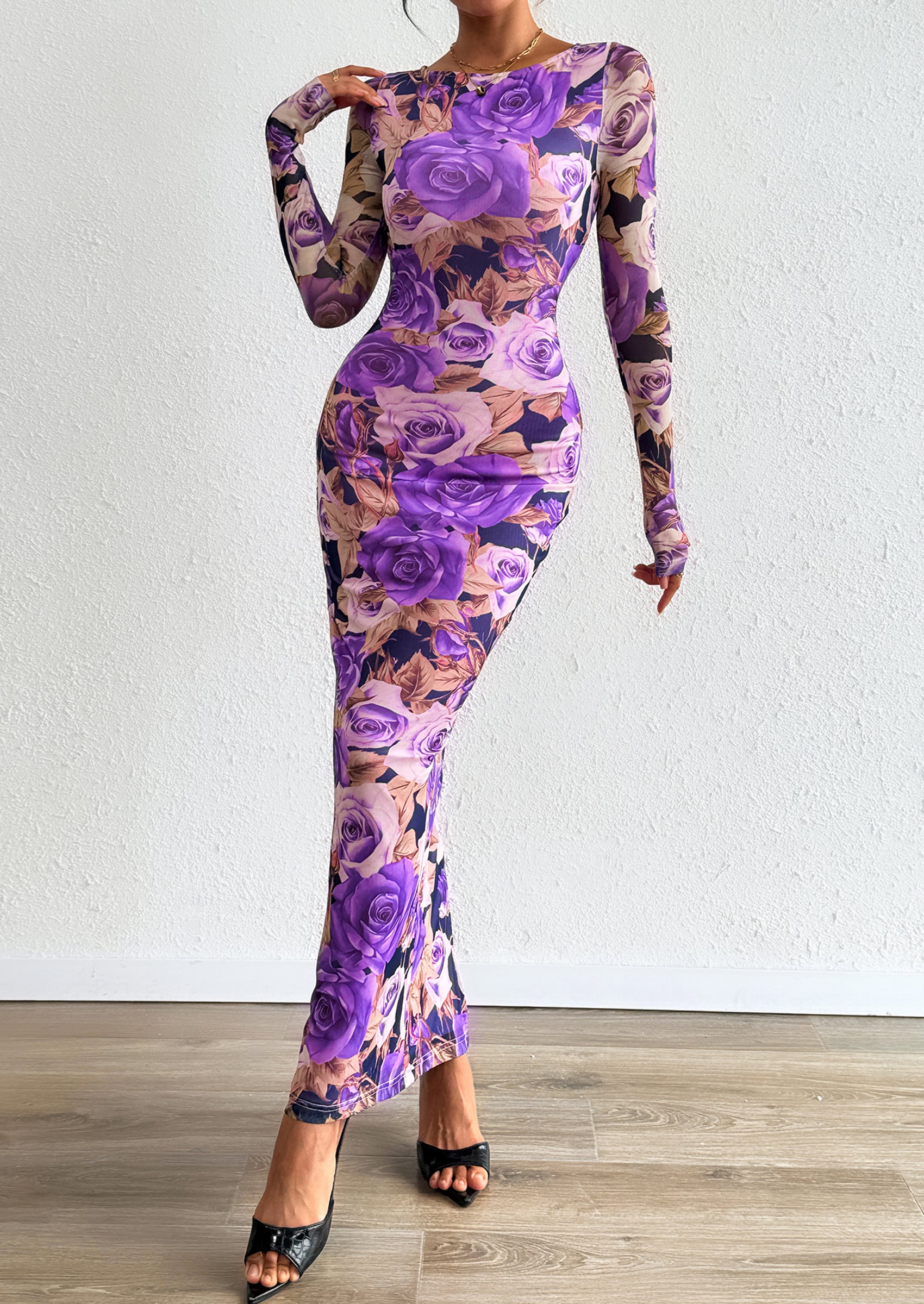 PRETTYGARDEN Bodycon Maxi Dress Fall Floral Long Sleeve Sexy Mesh Cocktail Wedding Guest Long Dresses