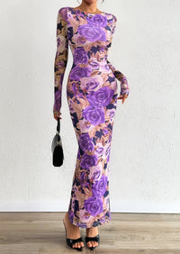 PRETTYGARDEN Bodycon Maxi Dress Fall Floral Long Sleeve Sexy Mesh Cocktail Wedding Guest Long Dresses