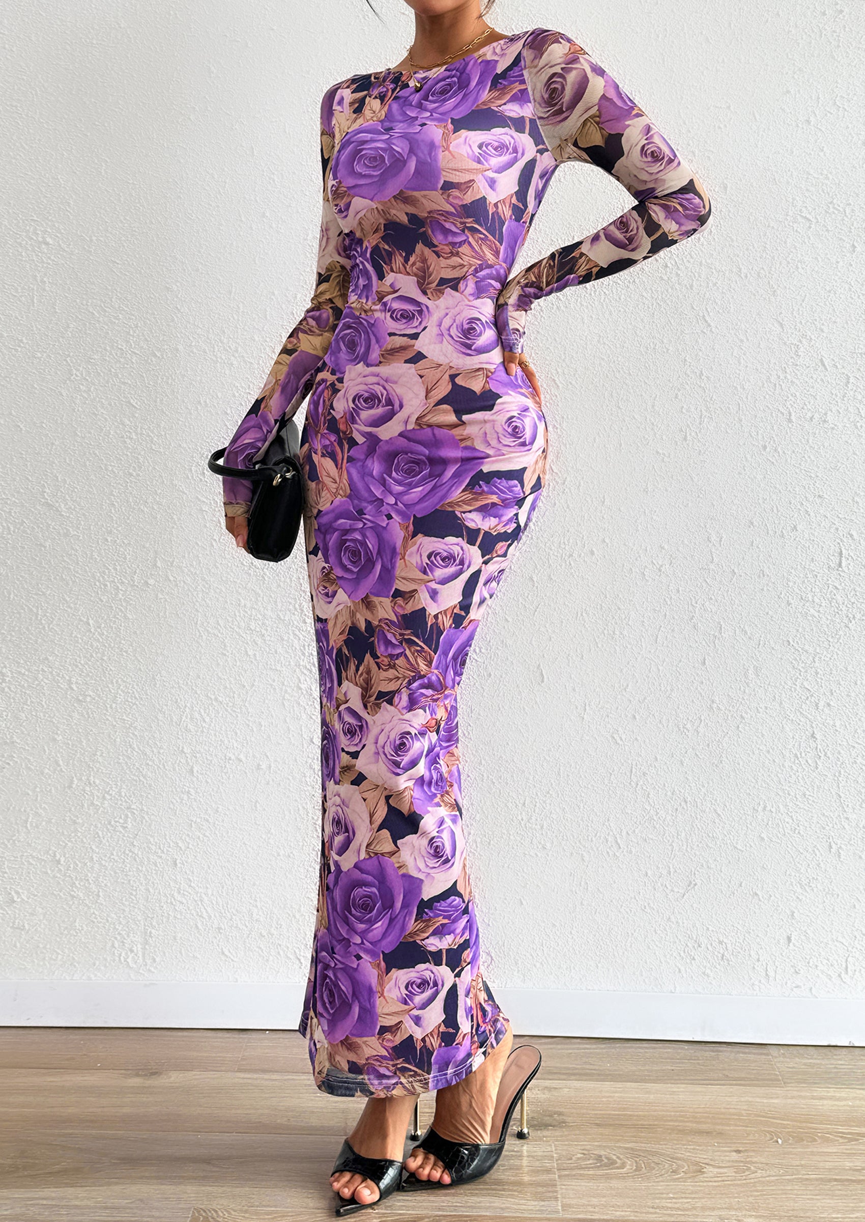 PRETTYGARDEN Bodycon Maxi Dress Fall Floral Long Sleeve Sexy Mesh Cocktail Wedding Guest Long Dresses