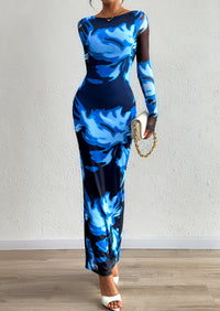 PRETTYGARDEN Bodycon Maxi Dress Fall Floral Long Sleeve Sexy Mesh Cocktail Wedding Guest Long Dresses