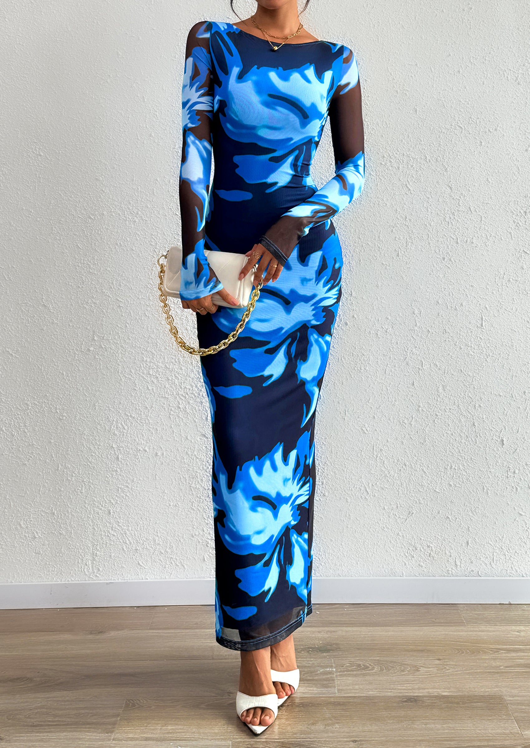 PRETTYGARDEN Bodycon Maxi Dress Fall Floral Long Sleeve Sexy Mesh Cocktail Wedding Guest Long Dresses