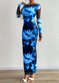 PRETTYGARDEN Bodycon Maxi Dress Fall Floral Long Sleeve Sexy Mesh Cocktail Wedding Guest Long Dresses