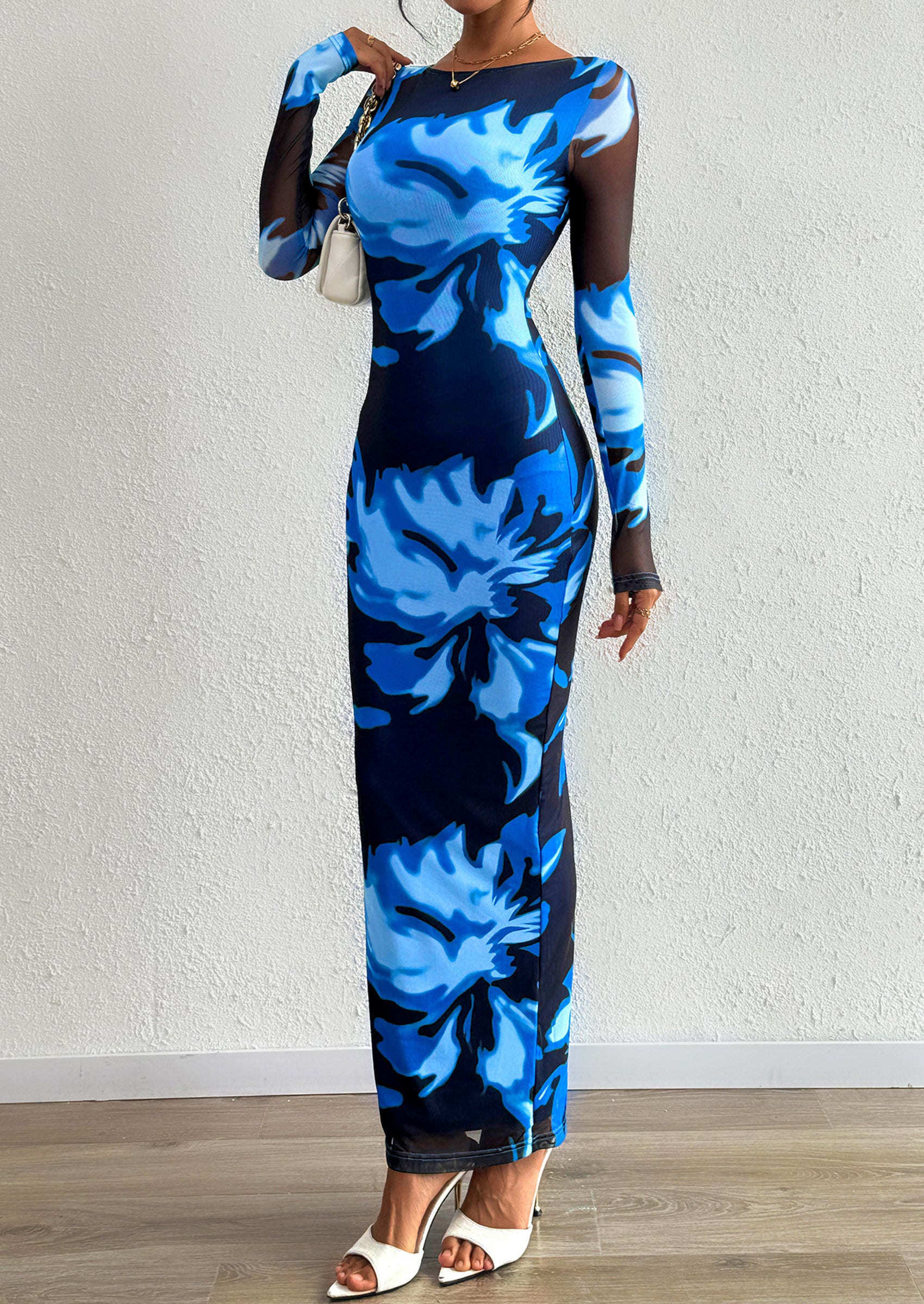 PRETTYGARDEN Bodycon Maxi Dress Fall Floral Long Sleeve Sexy Mesh Cocktail Wedding Guest Long Dresses