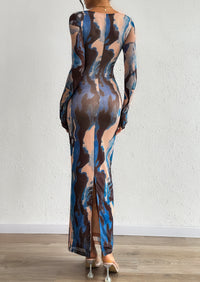 PRETTYGARDEN Bodycon Maxi Dress Fall Floral Long Sleeve Sexy Mesh Cocktail Wedding Guest Long Dresses