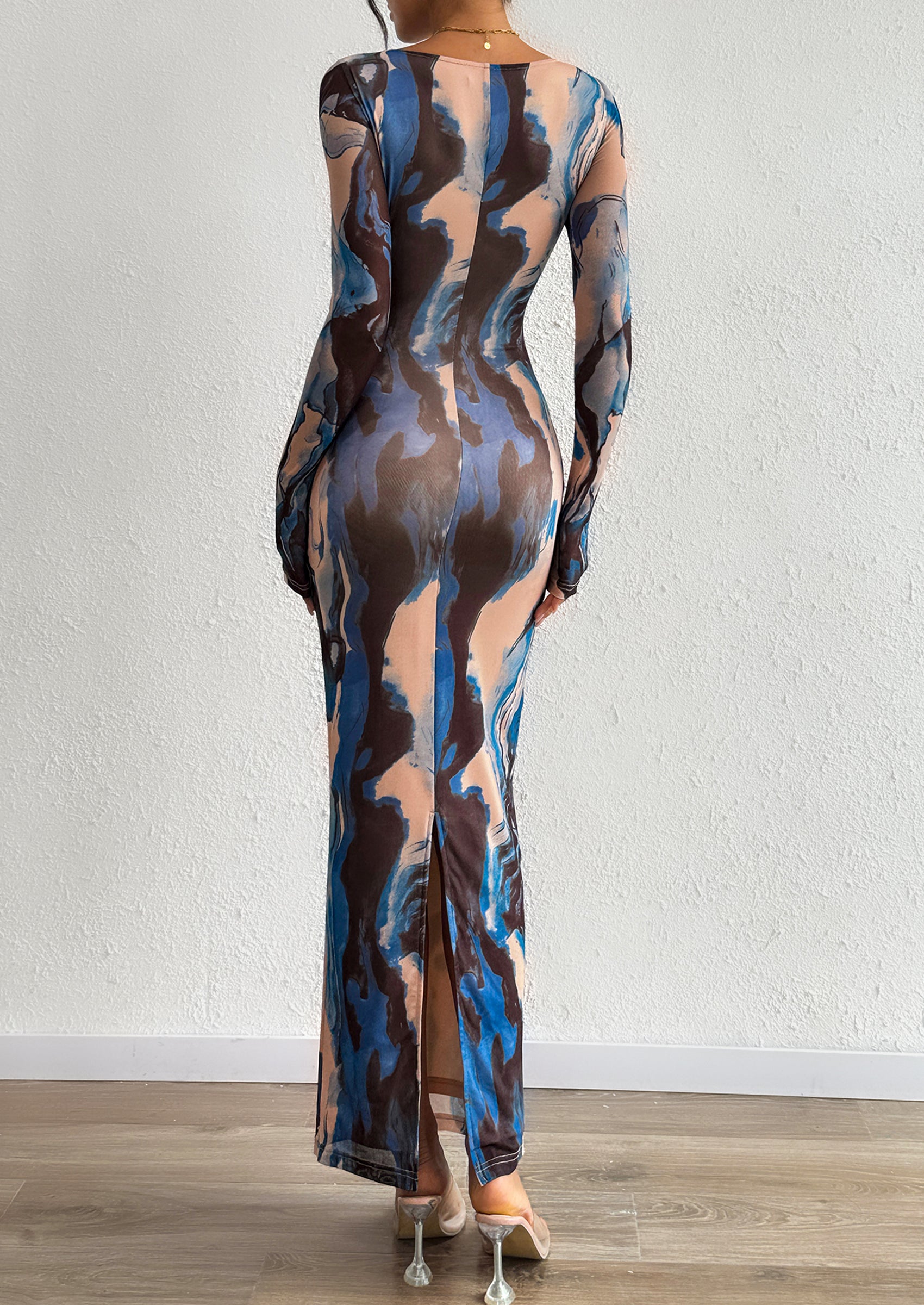 PRETTYGARDEN Bodycon Maxi Dress Fall Floral Long Sleeve Sexy Mesh Cocktail Wedding Guest Long Dresses