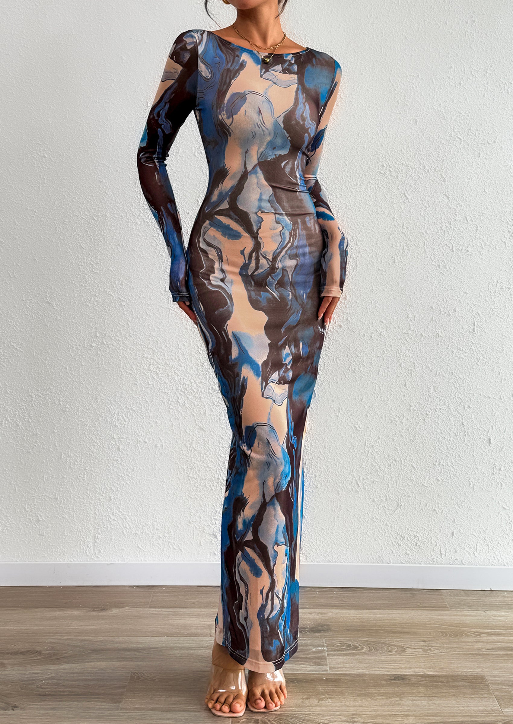 PRETTYGARDEN Bodycon Maxi Dress Fall Floral Long Sleeve Sexy Mesh Cocktail Wedding Guest Long Dresses