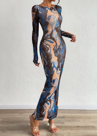 PRETTYGARDEN Bodycon Maxi Dress Fall Floral Long Sleeve Sexy Mesh Cocktail Wedding Guest Long Dresses