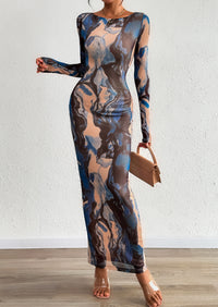 PRETTYGARDEN Bodycon Maxi Dress Fall Floral Long Sleeve Sexy Mesh Cocktail Wedding Guest Long Dresses