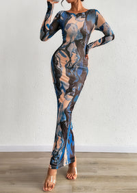 PRETTYGARDEN Bodycon Maxi Dress Fall Floral Long Sleeve Sexy Mesh Cocktail Wedding Guest Long Dresses