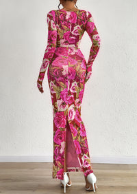 PRETTYGARDEN Bodycon Maxi Dress Fall Floral Long Sleeve Sexy Mesh Cocktail Wedding Guest Long Dresses