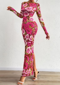 PRETTYGARDEN Bodycon Maxi Dress Fall Floral Long Sleeve Sexy Mesh Cocktail Wedding Guest Long Dresses