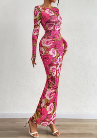 PRETTYGARDEN Bodycon Maxi Dress Fall Floral Long Sleeve Sexy Mesh Cocktail Wedding Guest Long Dresses