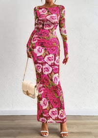 PRETTYGARDEN Bodycon Maxi Dress Fall Floral Long Sleeve Sexy Mesh Cocktail Wedding Guest Long Dresses