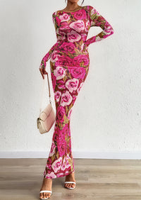 PRETTYGARDEN Bodycon Maxi Dress Fall Floral Long Sleeve Sexy Mesh Cocktail Wedding Guest Long Dresses