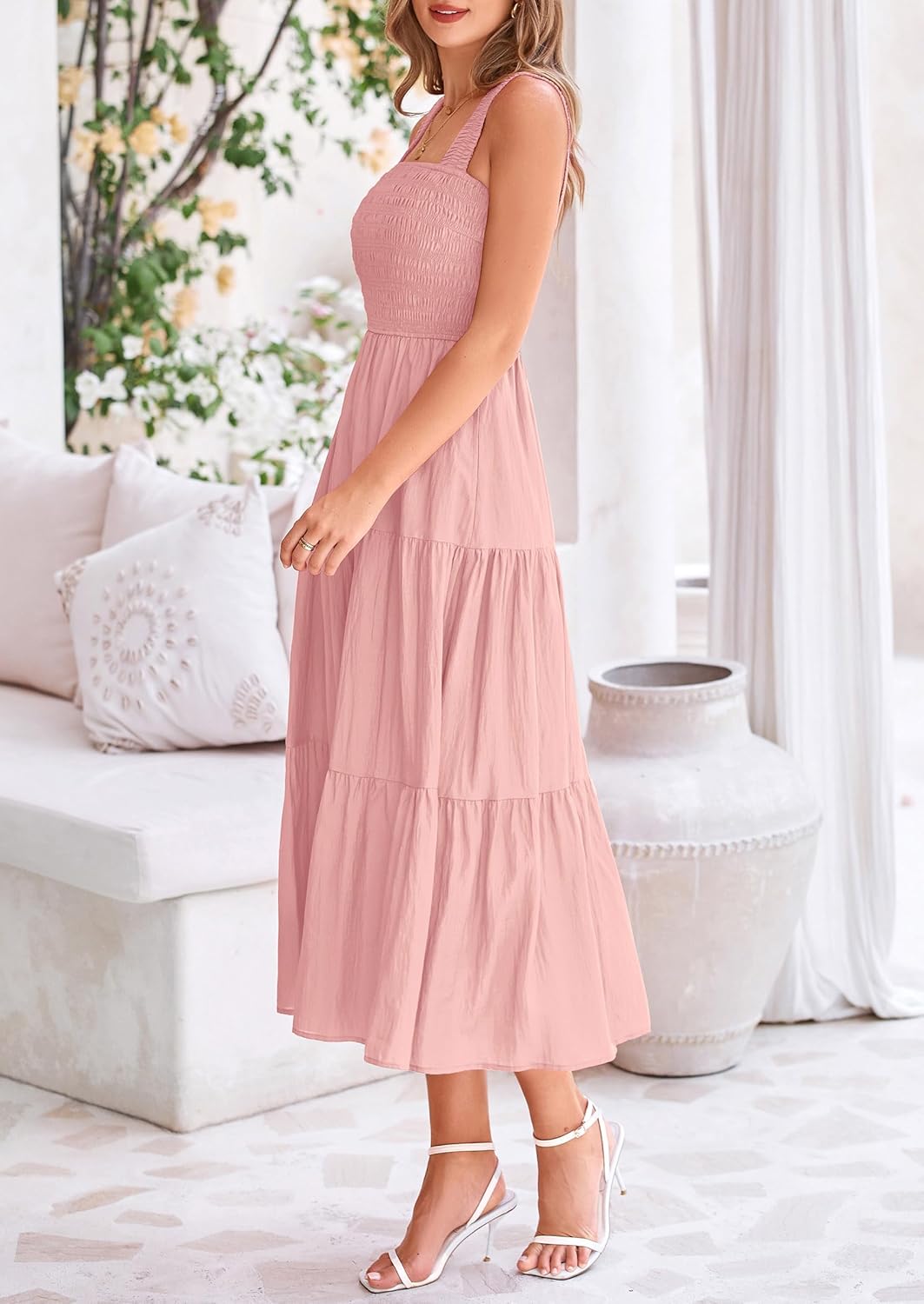 Womens Smocked Summer  Ruffle A Line Long Flowy Dresses Cute Sleeveless Beach Sundress Midi Dress