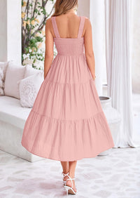 Womens Smocked Summer  Ruffle A Line Long Flowy Dresses Cute Sleeveless Beach Sundress Midi Dress